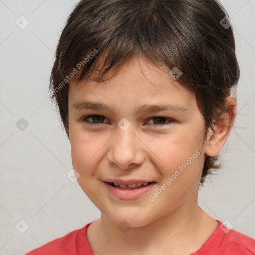 Joyful white child female with medium  brown hair and brown eyes