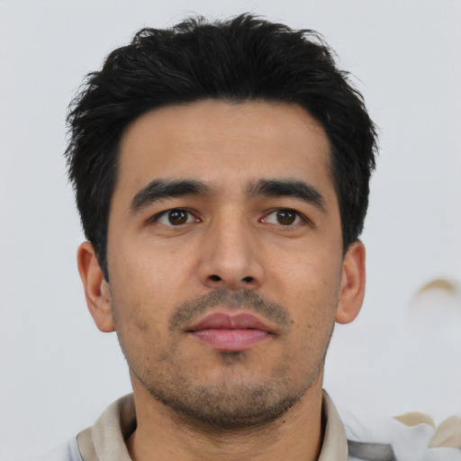 Neutral asian young-adult male with short  black hair and brown eyes