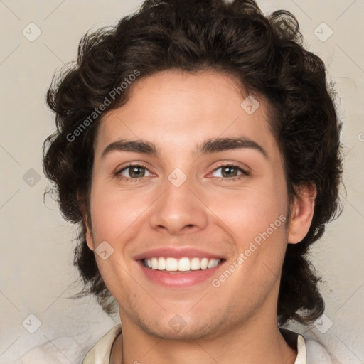 Joyful white young-adult male with medium  brown hair and brown eyes