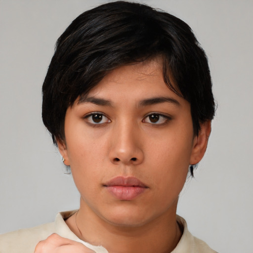 Neutral asian young-adult female with short  black hair and brown eyes