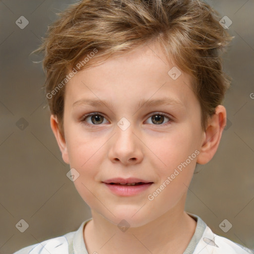 Joyful white child female with short  brown hair and brown eyes