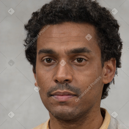 Neutral latino adult male with short  black hair and brown eyes