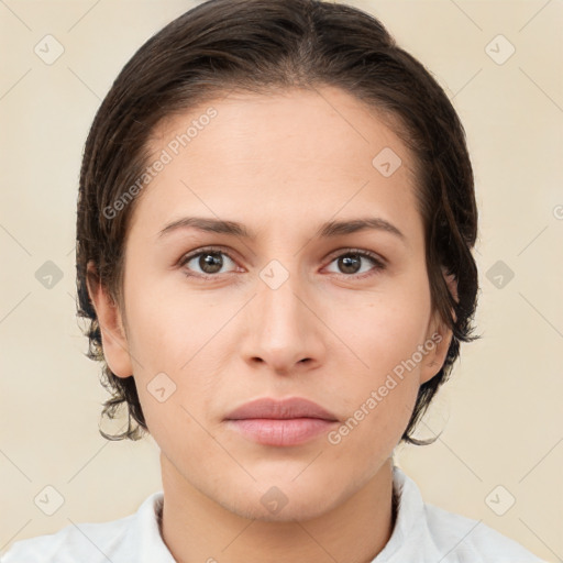 Neutral white young-adult female with medium  brown hair and brown eyes