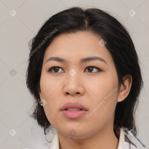 Neutral asian young-adult female with medium  brown hair and brown eyes