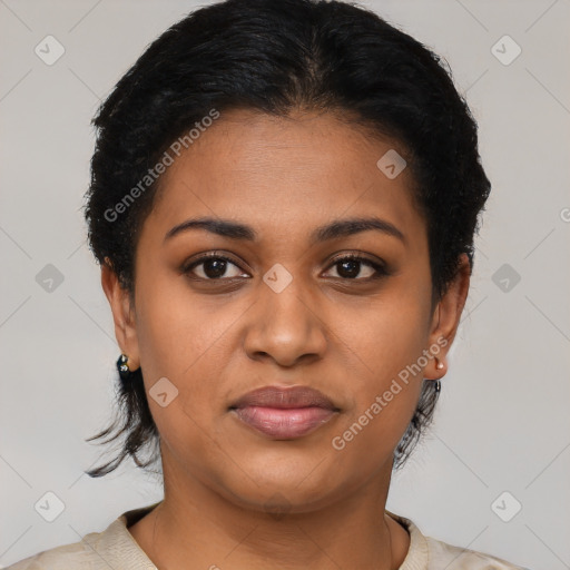 Joyful latino young-adult female with short  brown hair and brown eyes
