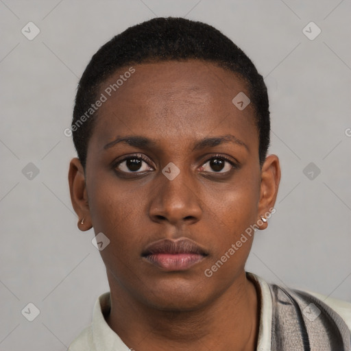 Neutral black young-adult female with short  black hair and brown eyes
