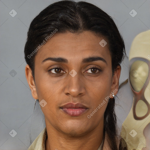 Joyful latino young-adult female with medium  brown hair and brown eyes