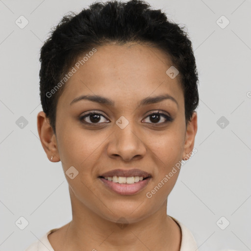 Joyful latino young-adult female with short  brown hair and brown eyes