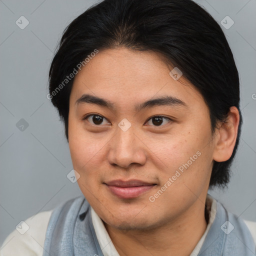 Joyful asian young-adult female with medium  brown hair and brown eyes