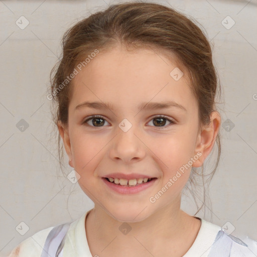 Joyful white child female with medium  brown hair and brown eyes