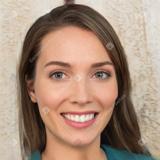 Joyful white young-adult female with medium  brown hair and green eyes