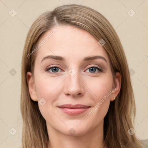 Joyful white young-adult female with long  brown hair and grey eyes