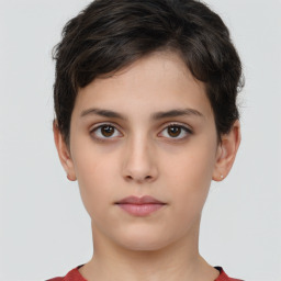 Neutral white young-adult female with short  brown hair and brown eyes