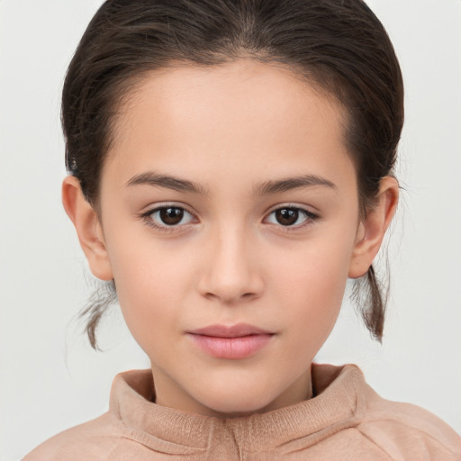 Joyful white child female with medium  brown hair and brown eyes