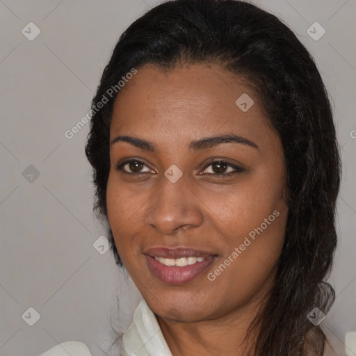 Joyful black young-adult female with medium  black hair and brown eyes
