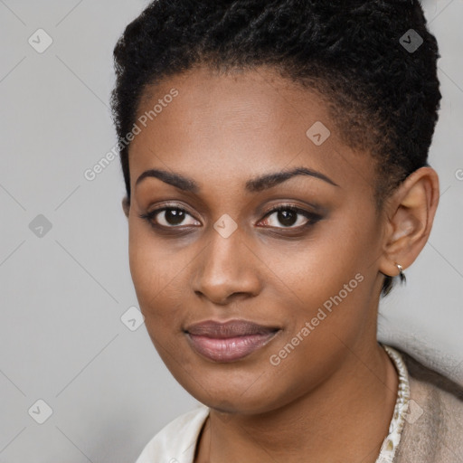 Joyful latino young-adult female with short  black hair and brown eyes