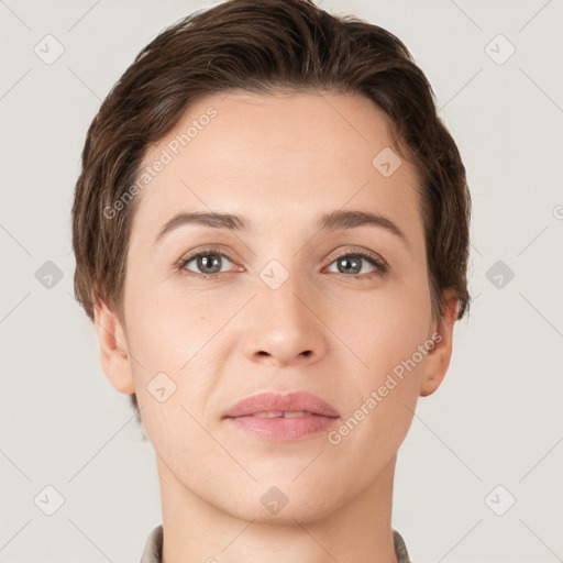 Neutral white young-adult female with short  brown hair and brown eyes