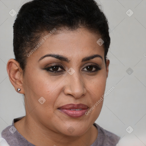 Joyful latino young-adult female with short  brown hair and brown eyes