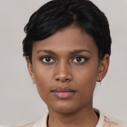 Neutral latino young-adult female with short  black hair and brown eyes
