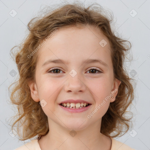 Joyful white child female with medium  brown hair and brown eyes