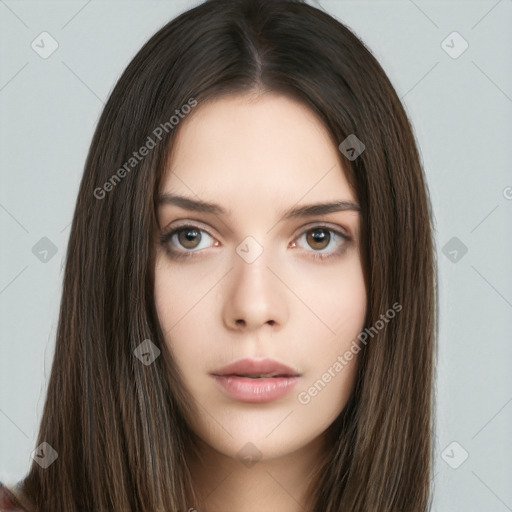 Neutral white young-adult female with long  brown hair and brown eyes