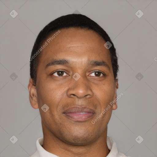 Neutral black young-adult male with short  black hair and brown eyes