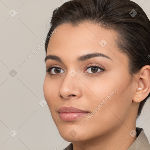 Neutral white young-adult female with medium  brown hair and brown eyes