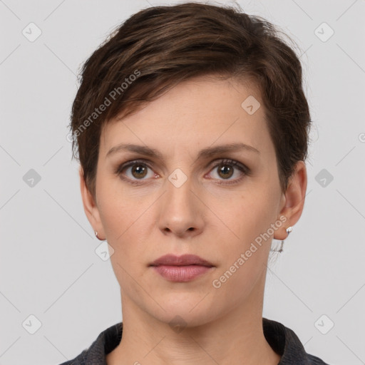 Neutral white young-adult female with short  brown hair and brown eyes