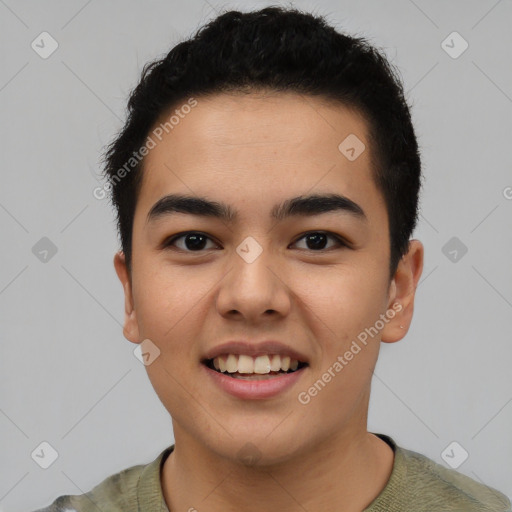 Joyful latino young-adult male with short  black hair and brown eyes