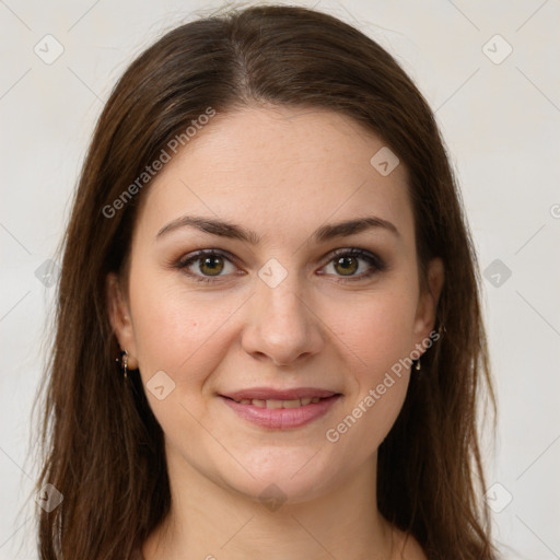 Joyful white young-adult female with long  brown hair and green eyes