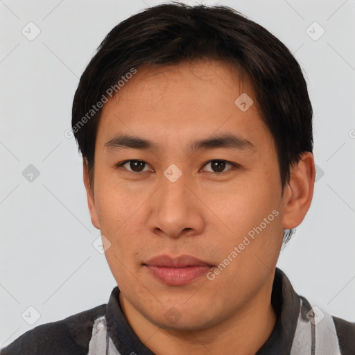 Neutral asian young-adult male with short  brown hair and brown eyes