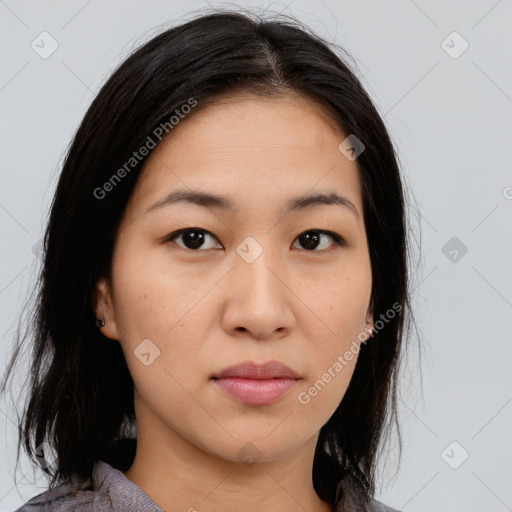 Neutral white young-adult female with medium  brown hair and brown eyes