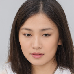 Neutral asian young-adult female with long  brown hair and brown eyes