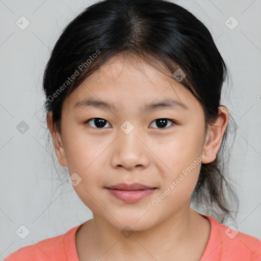Joyful white child female with medium  brown hair and brown eyes