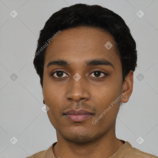 Neutral latino young-adult male with short  black hair and brown eyes