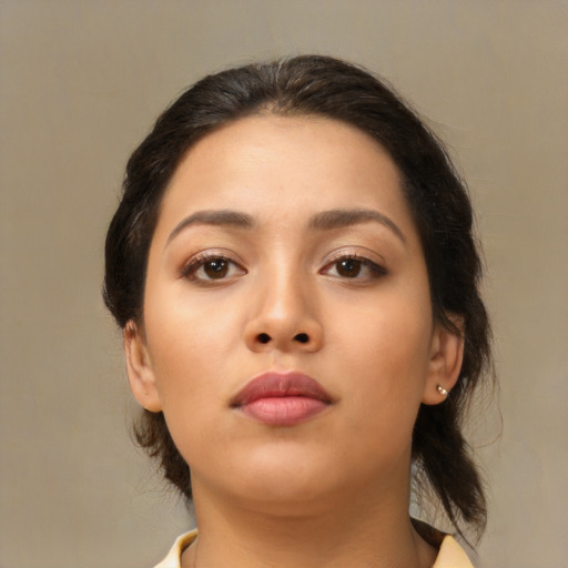 Neutral asian young-adult female with medium  brown hair and brown eyes
