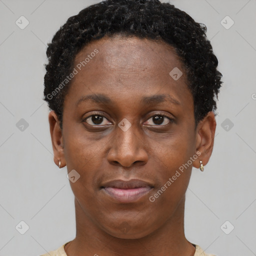 Neutral black young-adult female with short  brown hair and brown eyes