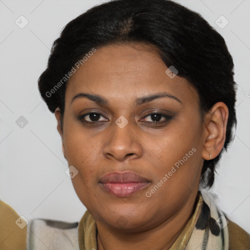 Joyful latino adult female with short  brown hair and brown eyes