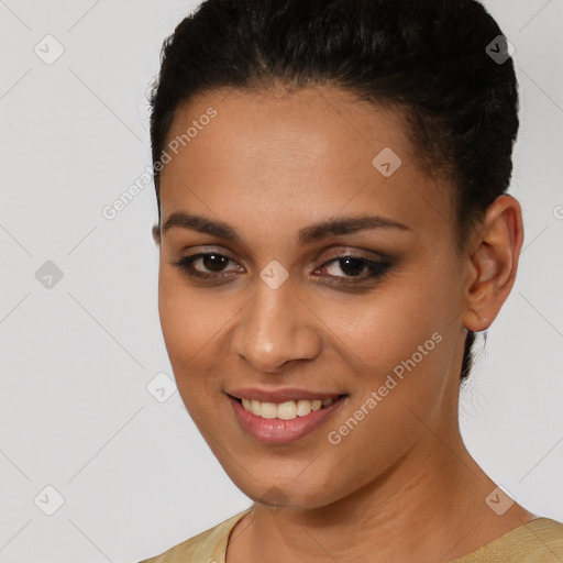 Joyful white young-adult female with short  brown hair and brown eyes