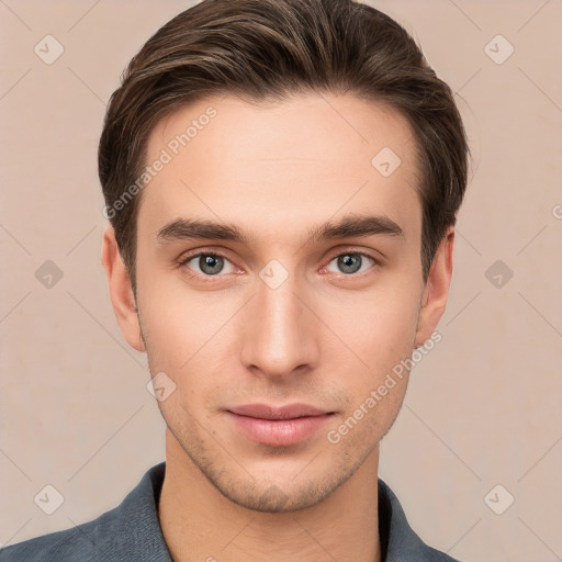 Neutral white young-adult male with short  brown hair and brown eyes