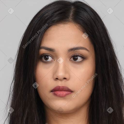 Neutral asian young-adult female with long  black hair and brown eyes