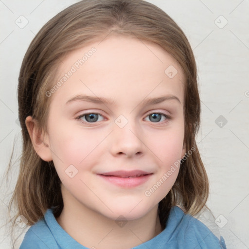 Joyful white child female with medium  brown hair and blue eyes