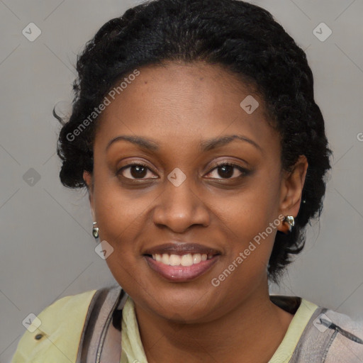 Joyful black young-adult female with medium  black hair and brown eyes