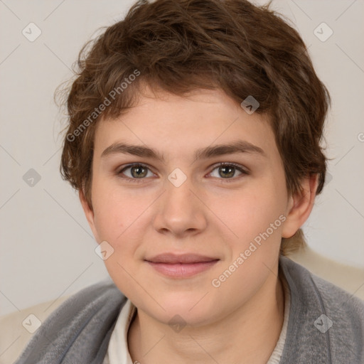 Joyful white child female with short  brown hair and brown eyes