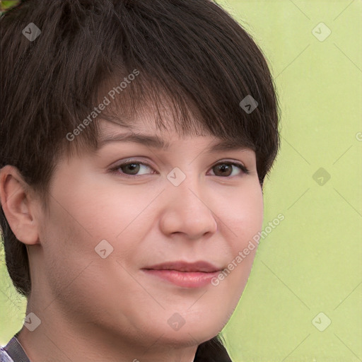 Neutral white young-adult female with short  brown hair and brown eyes