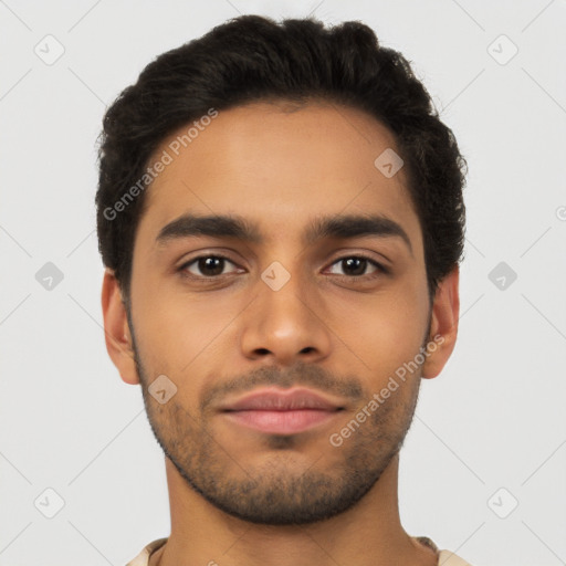 Neutral latino young-adult male with short  black hair and brown eyes