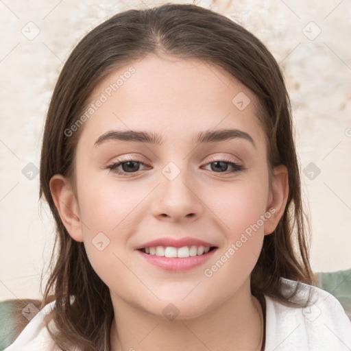 Joyful white child female with medium  brown hair and brown eyes