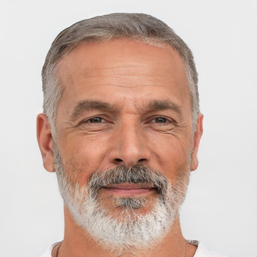 Neutral white middle-aged male with short  gray hair and brown eyes