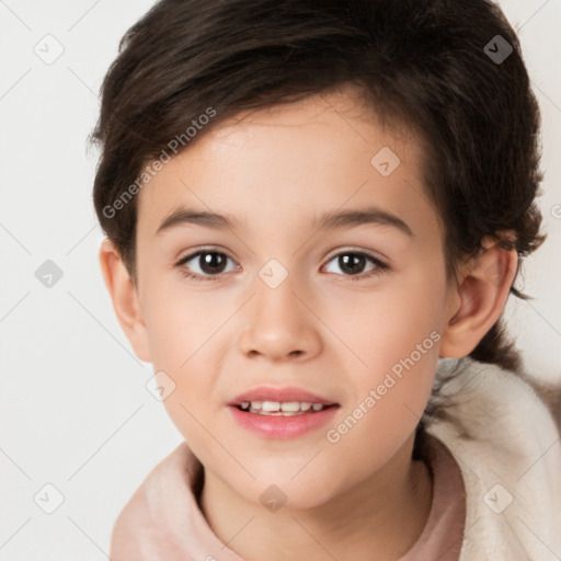 Joyful white child female with short  brown hair and brown eyes