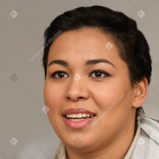 Joyful latino young-adult female with short  brown hair and brown eyes